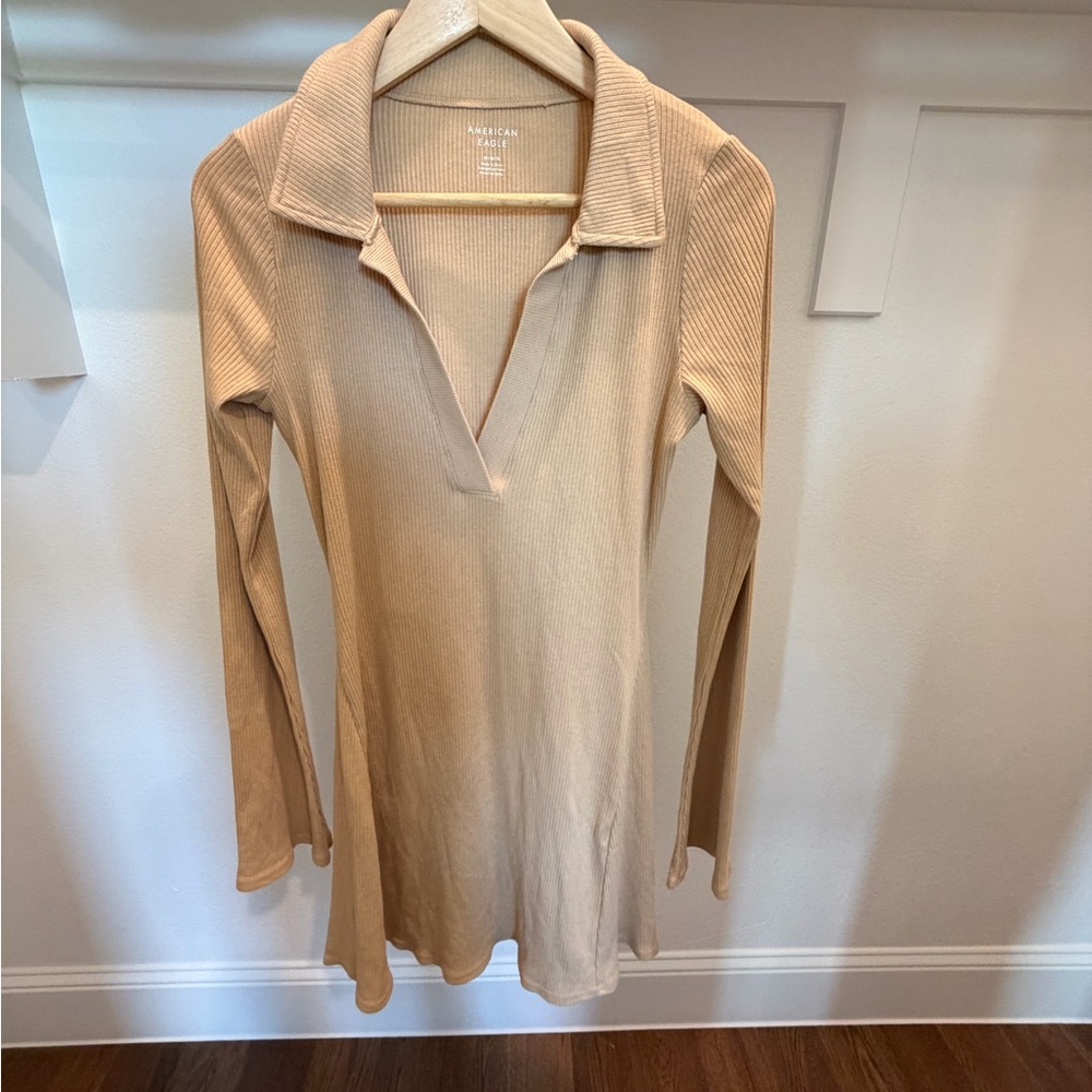 American Eagle Ribbed Knit Collared Mini Dress Tan Long Sleeve Medium